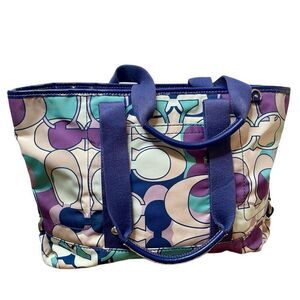 Coach Kyra Scarf Print C Signature Tote Bag Purple Blue Vintage Geometric Medium